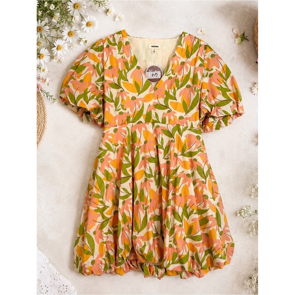 NWT Floral Cottagecore Puff Sleeve Mini Dress Boho Size Small Adora - Picture 2 of 8